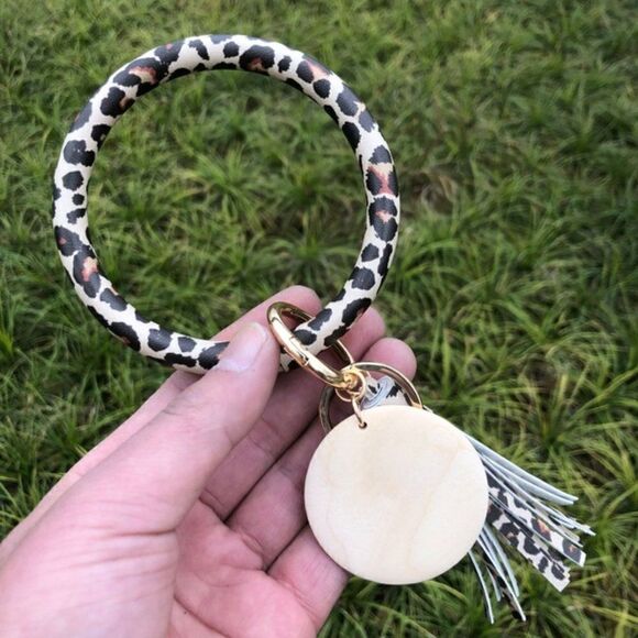 2/$21 Leopard Print Leather Tassel Unisex Bangle Wrist Key Ring Keychain Ring - Picture 1 of 5